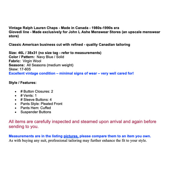 Vtg Chaps Ralph Lauren Giovedi Suit 46L 38x31 Navy Blue John L Ashe Exclusive - Picture 2 of 16